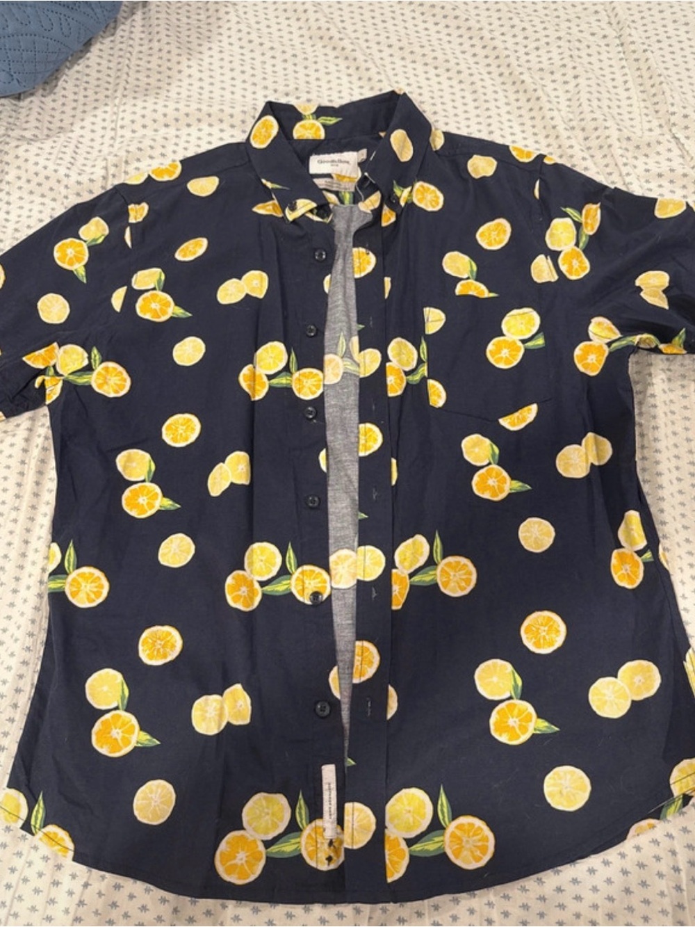 Navy Short-Sleeve Shirt with Yellow Citrus Print